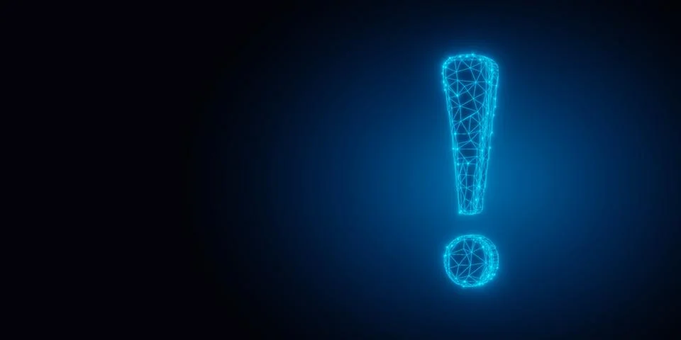 Blue glowing low poly wireframe exclamation mark over dark background, idea.. Illustrazione stock