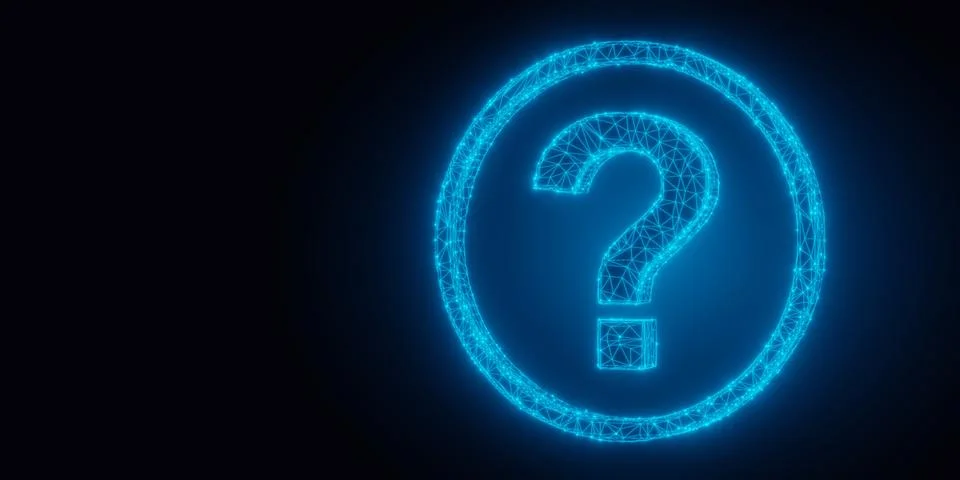 Blue glowing low poly wireframe question mark in surrounding circle on dark.. Stock Illustration