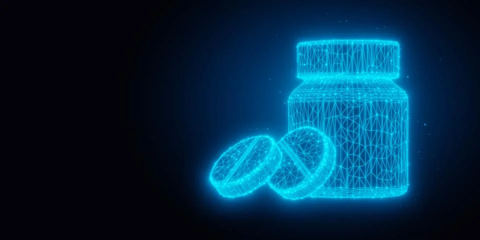 Blue glowing low-poly wireframe pill bottle with tablets in front on black .. Illustrazione stock