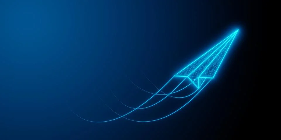 Blue glowing low-poly wireframe paper plane with speed trails taking off on.. Stock Illustration