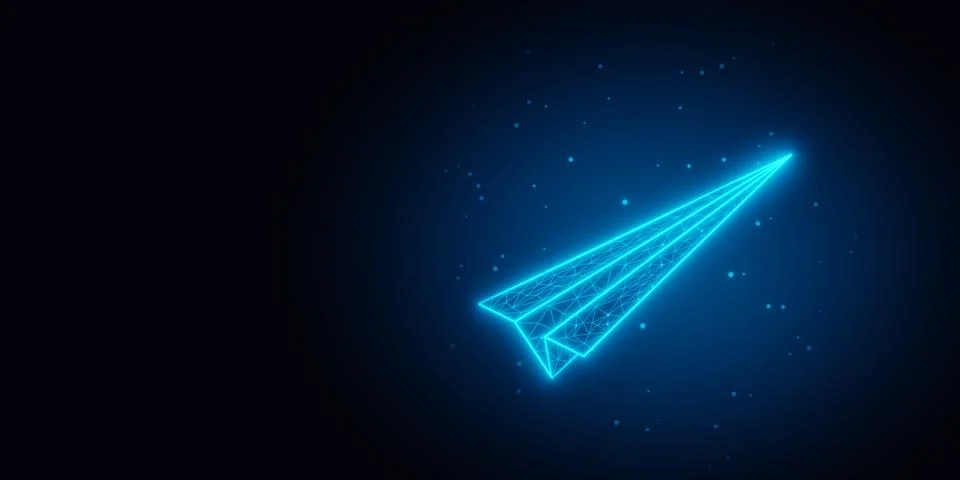 Blue glowing low-poly wireframe paper plane on dark background with copy sp.. Stock Illustration