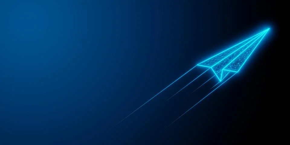 Blue glowing low-poly wireframe paper plane with speed trails on blue gradi.. Stock Illustration