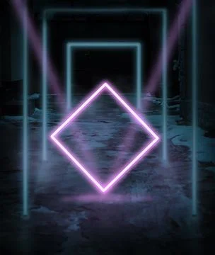 Blue glowing neon frames and pink square on the street Stock Photos