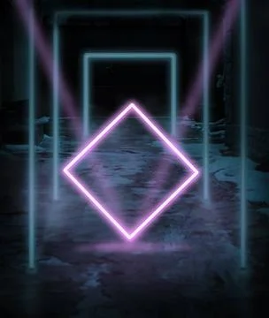 Blue glowing neon frames and pink square on the street blue glowing neon f... Stock Photos