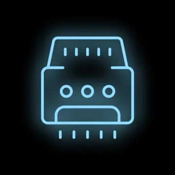 Blue glowing neon icon of a printer printing a document Stock Illustration