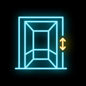 Blue glowing neon line elevator opened doors icon isolated on black backgroun Ilustración de archivo