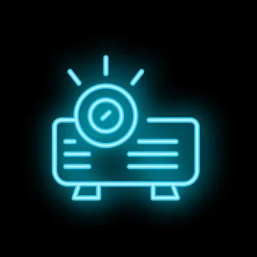 Blue glowing neon line projector icon isolated on black background Stock Illustration