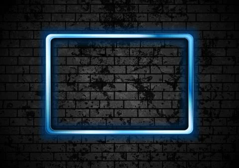 Blue glowing neon rectangle frame on brick wall Stock Illustration
