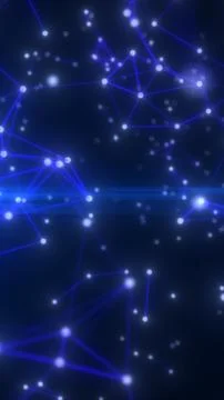 Blue glowing network nodes and connecting lines in an abstract digital comm.. Illustrazione stock