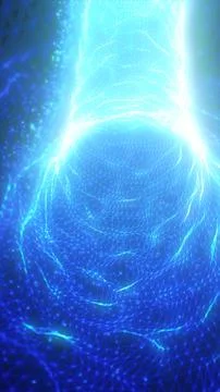 A blue glowing network of particles and lines, forming a digital vortex that  Stock Illustration