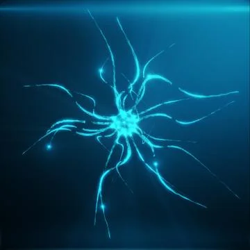 Blue glowing neuron. Artificial neuron in concept of artificial intelligence Stock Illustration