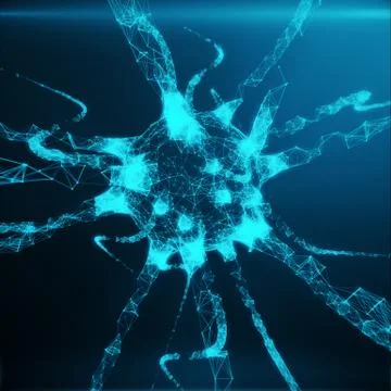 Blue glowing neuron. Artificial neuron in concept of artificial intelligence Stock Illustration