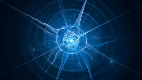 Blue glowing neuron with axons computer generated abstract background Illustrazione stock