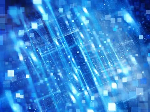 Blue glowing new technological explosion in space with square bokeh Illustrazione stock