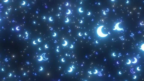 Blue Glowing Night Time Crescent Moon Shapes Raining Falling Down Stock Illustration