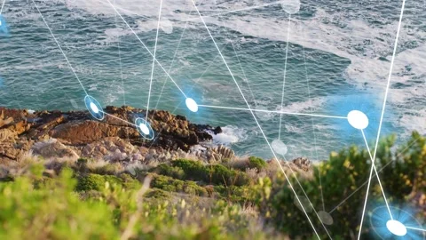Blue glowing nodes emerging upper-left and moving diagonally, forming network to Stock Footage 333818109