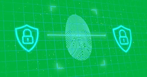 Blue glowing online security biometric fingerprint being scanned over grid Stock Footage 324845759