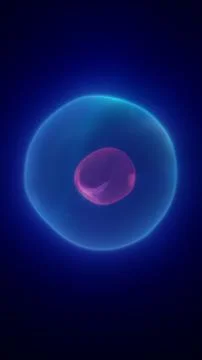 Blue glowing orb with pink core inside transparent sphere, abstract science.. Stock Illustration
