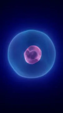 Blue glowing orb with pink core inside transparent sphere, abstract science.. Illustrazione stock