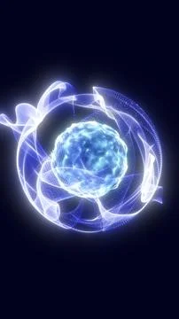 Blue glowing orb wrapped by flowing white particle ribbons, abstract digita.. Stock Illustration