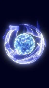 Blue glowing orb wrapped by flowing white particle ribbons, abstract digita.. Stock Illustration