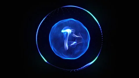 Blue glowing particle 3d sphere seamlessly moving and rotating on black. Stock-Footage 303284322