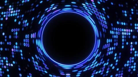 Blue glowing particle ring with digital halftone tunnel effect and dark cen.. Stock Illustration