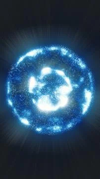 Blue glowing particle sphere with bright light rays on a dark background, s.. Illustrazione stock