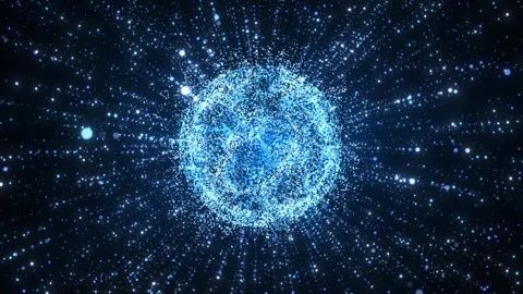 Blue glowing particle sphere radiating light rays outward, creating a dynamic 動画素材 331997215