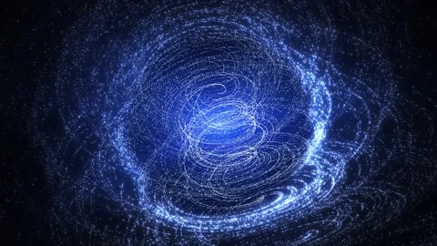 Blue glowing particle spirals forming a dynamic vortex with flowing lines and Stock Footage 331997128