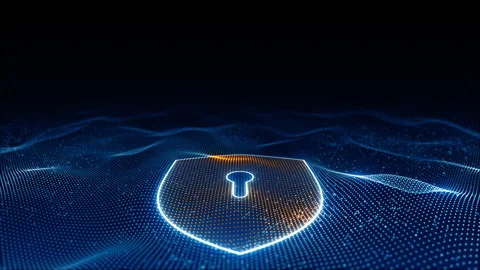 Blue glowing particle wave with shield logo futuristic technology seamless loop Stock Footage 170763756