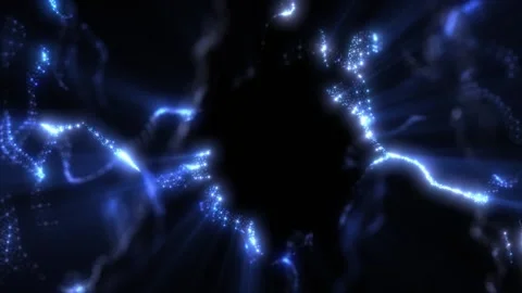 Blue glowing particles form flowing abstract shapes in dark space, creating a Stock Footage 328707500