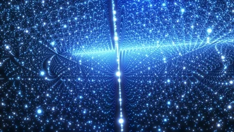 Blue glowing particles forming a complex digital field with waves and depth, 库存影片 331997075