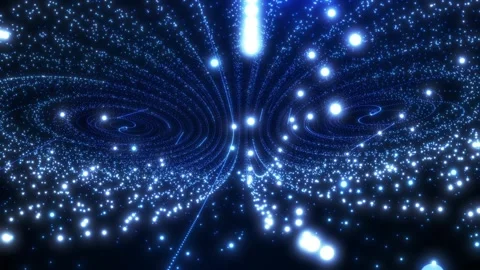 Blue glowing particles forming curved wave paths into a deep tunnel, creating Video stock 331997333