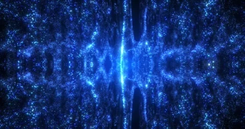 Blue glowing particles forming symmetrical energy waves with depth and motion Stock Footage 331513551