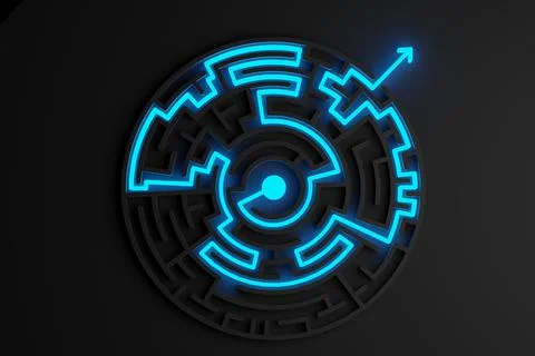 Blue glowing path thru black maze or labyrinth over black background, success 스톡 일러스트