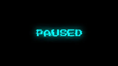 Blue glowing paused text with digital glitch animation on black Stock Footage 329753744