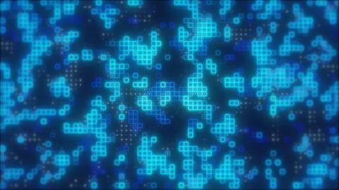 Blue glowing pixel-based digital network forming an abstract technology backg Illustrazione stock