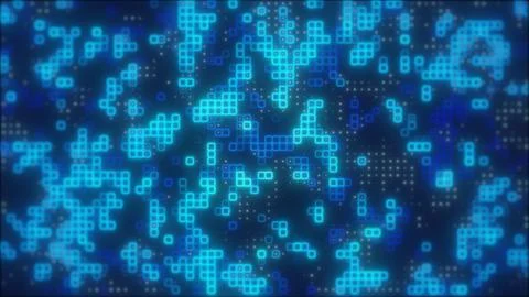 Blue glowing pixel-based digital network forming an abstract technology bac.. Illustrazione stock