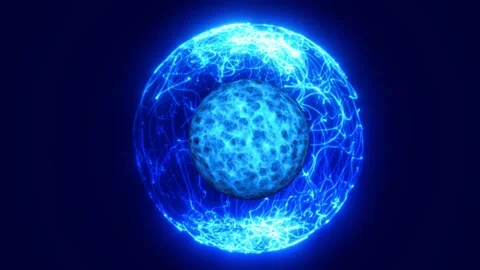Blue glowing planet surrounded by electric light trails, cosmic energy sphere Stock Footage 338032034