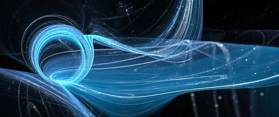 Blue glowing Quantum communication widescreen template with letter Q Stock-Illustration