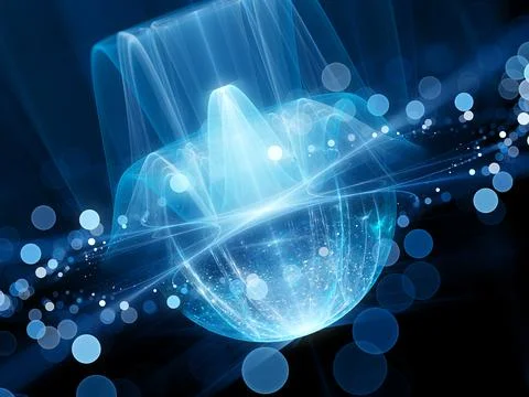 Blue glowing quantum processor with wave distribution abstract artwork Stock Illustration