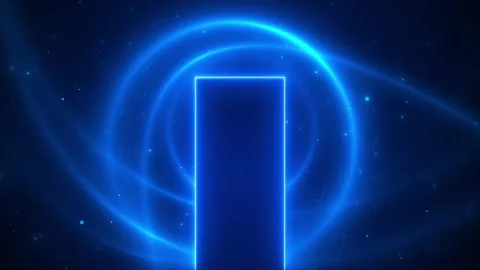 Blue glowing rectangle portal background circular neon ring, star particles, dee Stock Footage 340478402