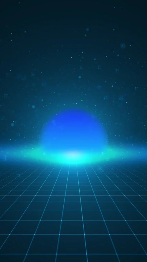 Blue glowing sphere grid horizon cyan orb, floating particles, cubes, misty atmo Stock Footage 340569230