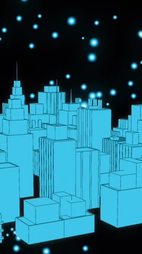Blue glowing spots moving and 3D city model against black background Stock Footage 342594552