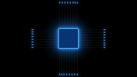 Blue glowing square microchip with connecting lines animation on black back.. Stock Footage 337363969