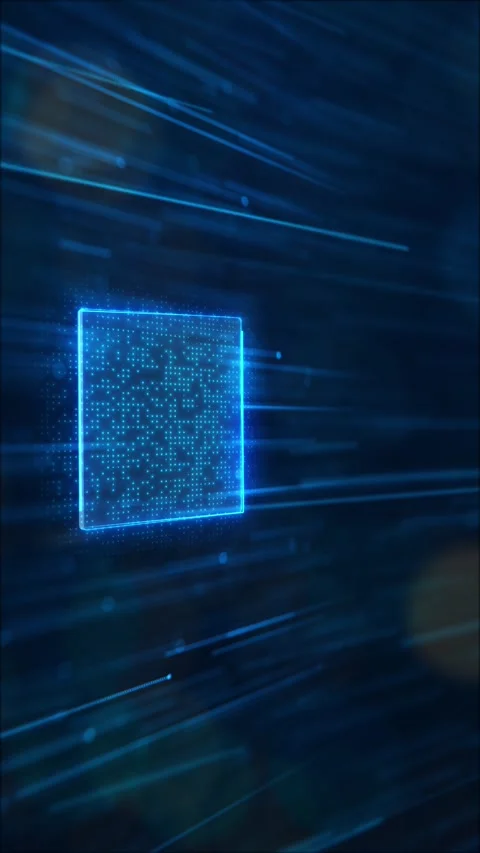 Blue glowing square panel background with dotted digital face, fast horizontal l Stock Footage 340553273