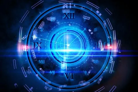 Blue glowing technology design with clock Illustrazione stock