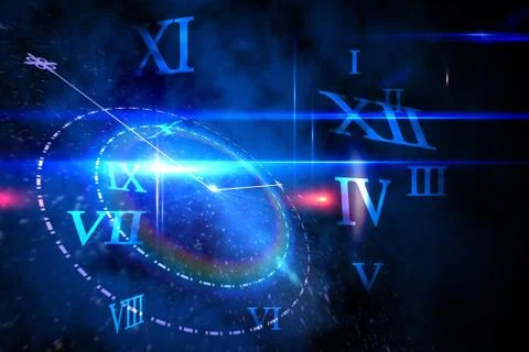 Blue glowing technology design with clock Stock Illustration