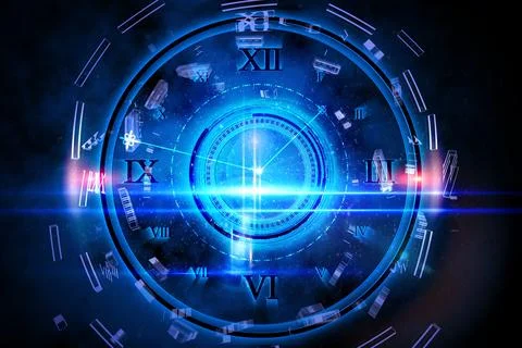 Blue glowing technology design with clock Stock Illustration